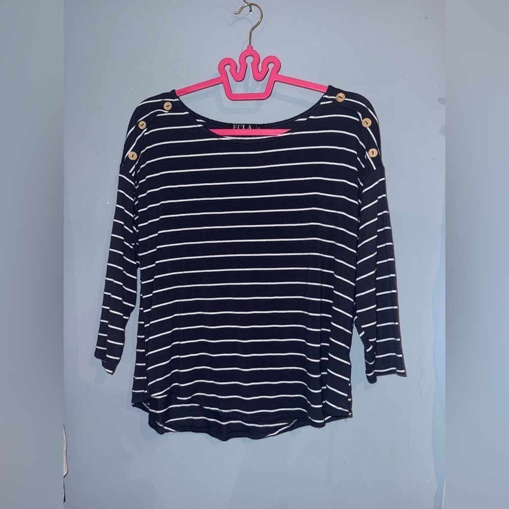 Ecla ‘Made in Mexico’ Navy and White Striped Button Shoulder Blouse, small
